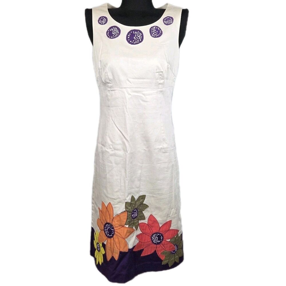 Boden Embroidered Floral Shift Dress Womens 4 Floral Mod Retro Cotton Sleeveless